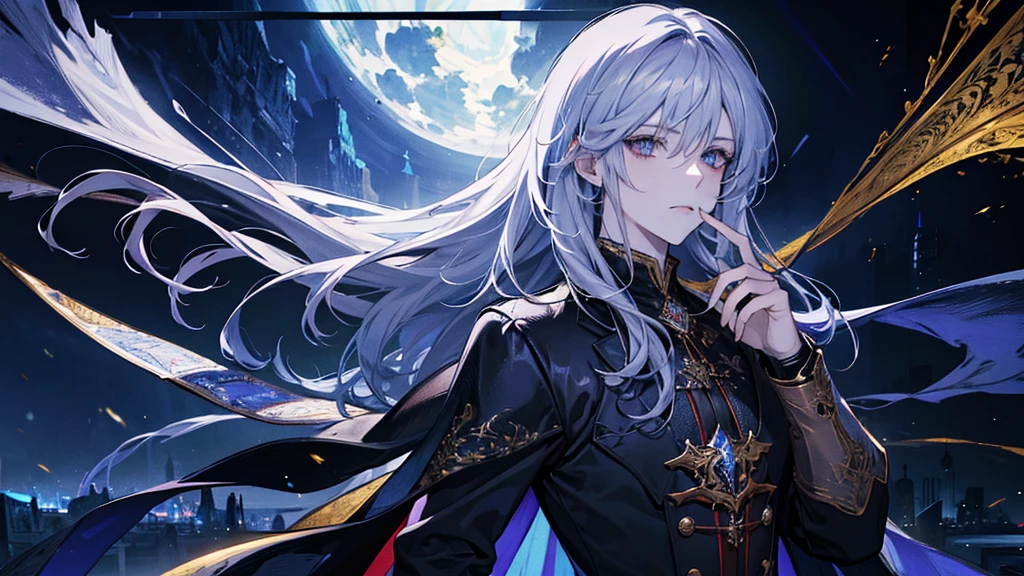 absurdres, highres, ultra detailed, HDR, master piece, best quality, handsime man, powerful, Vampire, long silver hair, golden eyes, Final Fantasy clothing.