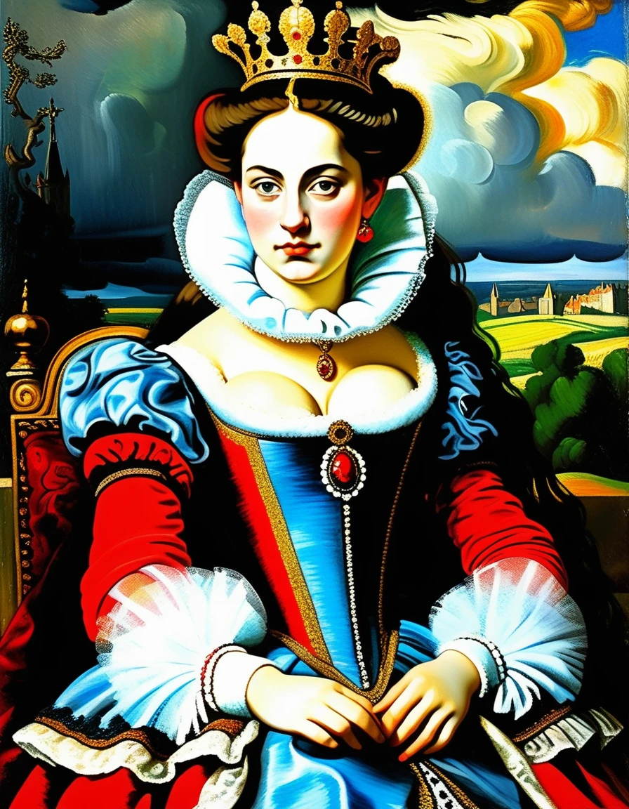 charming young cute great queen looks enthusiastically ((sitting on a hard baroque thron)) ((thron of power)), in a red shirt and tights with a tulle frill, Averts his eyes, dark clouds, 15 century,((style by Camille Pissarro, Armand Guillaumin, Alex-Maleew, Gustav Klimt, Edwin Austin Abbey!)), The dark Renaissance, (fog, very scuffing), ((palette/oil painting palette knife)), ((masterpiece)), single shot, impression:1.2, extreme detail, perspective:1.33, 8k
