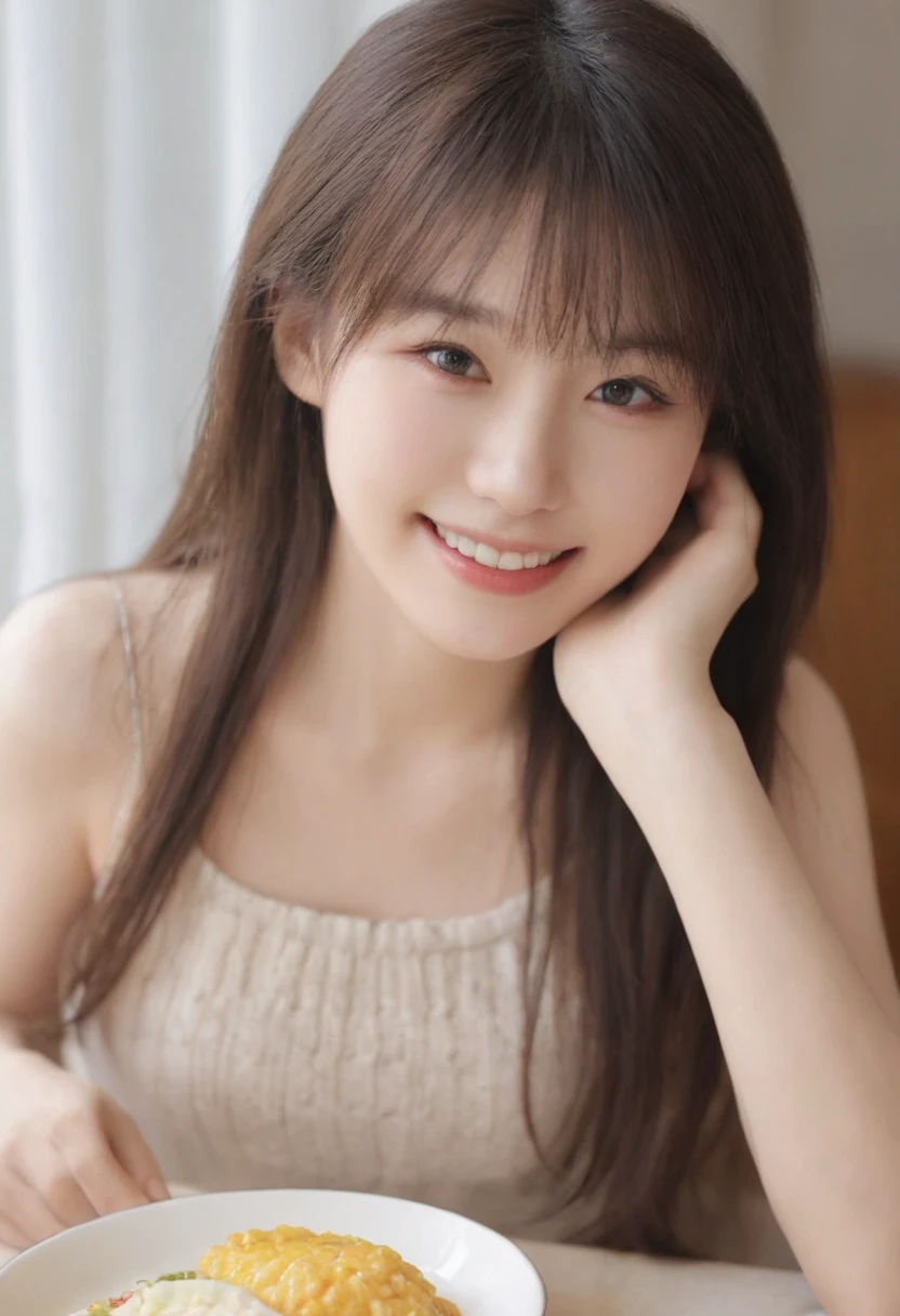 (Highest quality,8K quality,masterpiece:1.3),(Ultra-high resolution,Realistic:1.4,Live Shooting),(Very detailed,Caustics),(Ultra-Realistic Capture,(((dinner))),Beautiful and detailed skin),19 years old,Beautiful Japanese, Medium Hair, Asymmetrical bangs, Brown Hair, I'm looking at the camera with a smile on my face,Soft Light,A ray of light shining from above,Natural light，((Knitted dress))，(((One female))),Night view,French cuisine