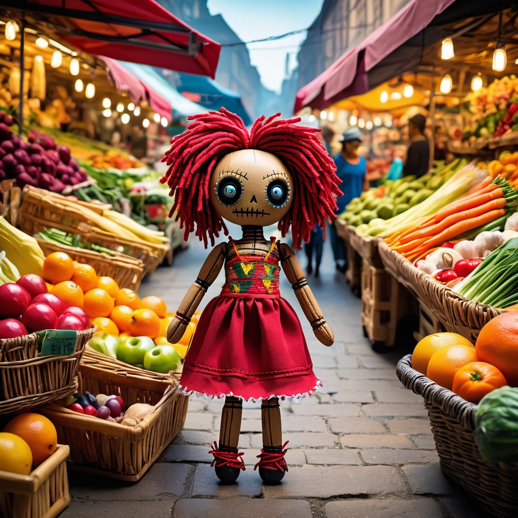 (knitted toy voodoo doll:1.7), (Voodoo at the Market:1.3), (Clothing: casual summer dress or shorts and t-shirt:1.0), (Accessories: shopping basket, fresh produce, reusable bag:1.2), (background: open-air market with stalls of fruits, vegetables, and flowers, bustling with shoppers:1.2), best quality, masterpiece, detailed soft oil painting, detailed background, dramatic cinematic lighting, soft edge lighting, professional, dramatic lighting, hard edge lighting, ultra quality, 4k,masterpiece, best quality, 8k, ultra highres, highres, extremely detailed