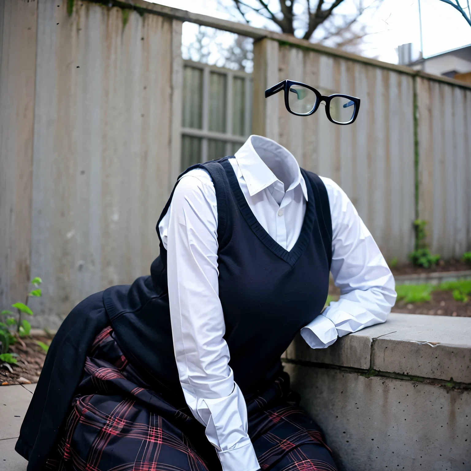 kibito high school blouse, school blouse, glasses, sweater vest, plaid skirt, leaning forward, fat, cute big breasts, (invisible, no human, headless, handless:1.5)