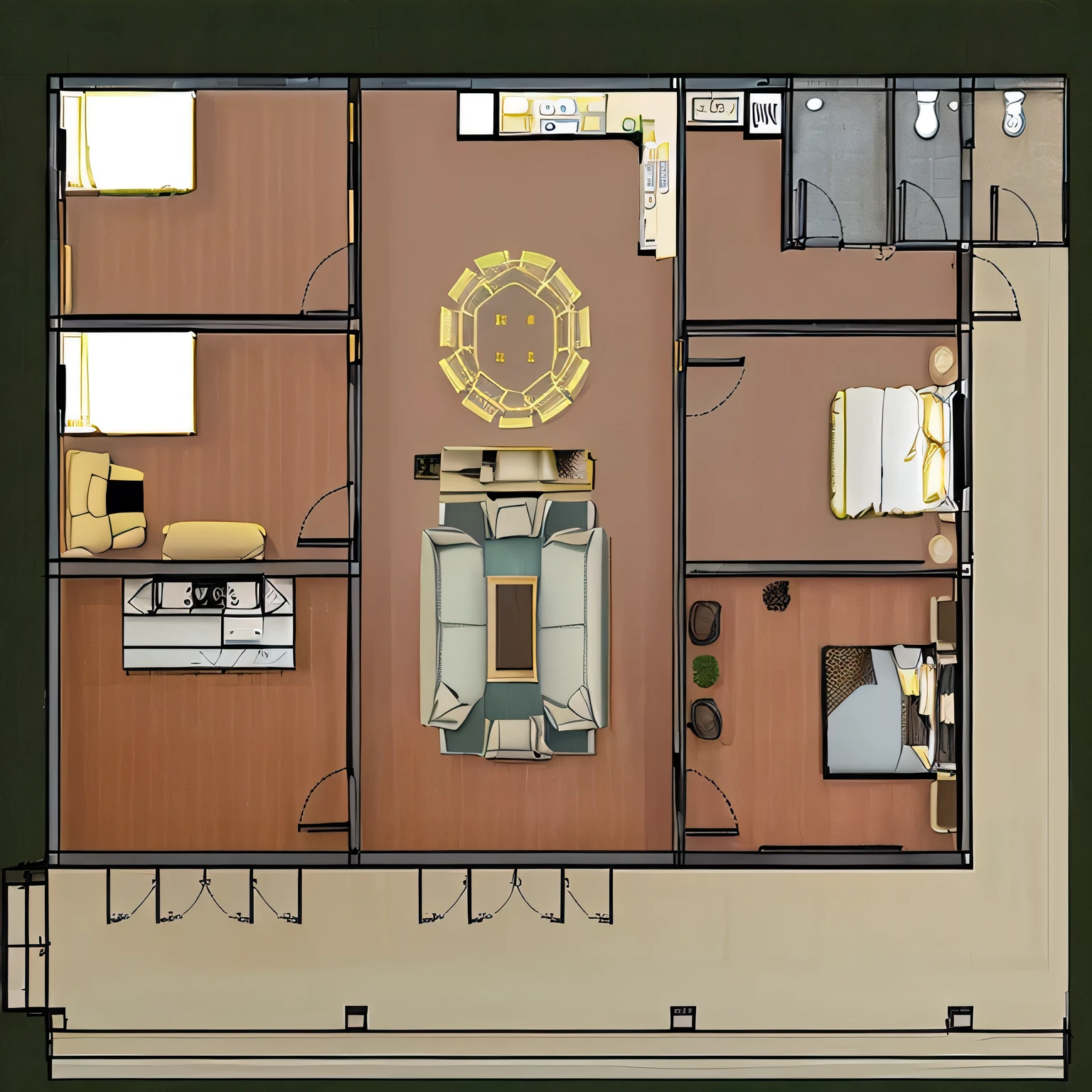 a view of a floor plan of a house with a living room and dining room, floor plan view, 2 d overhead view, floor plan, complete house, building plans, cad, layout, architectural plan, single floor, inter dimensional villa, zoomed out view, 2 d render, top - view, ground, [ overhead view ]!!, d render