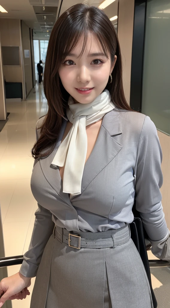  (8K, best quality, masterpiece:1.2), (realistic, photo-realistic:1.37), (high color saturation:1.0),  (highly detailed skin), (highest quality:1.0), (ultra high resolution:1.0) ,(realistic:1.0), (Super detailed:1.0), (8K, Raw photo:1.1)、standing random pose, smiling, natural breast, perfect lighting, 22years old, (mysterious), clear and detailed, ((japaniese_office_uniform, grey tight skirt, sexy_blouse, flight attendant_neck scarf)), (indoor office, escalator), surprised face, looking at back viewer, low angle photo,