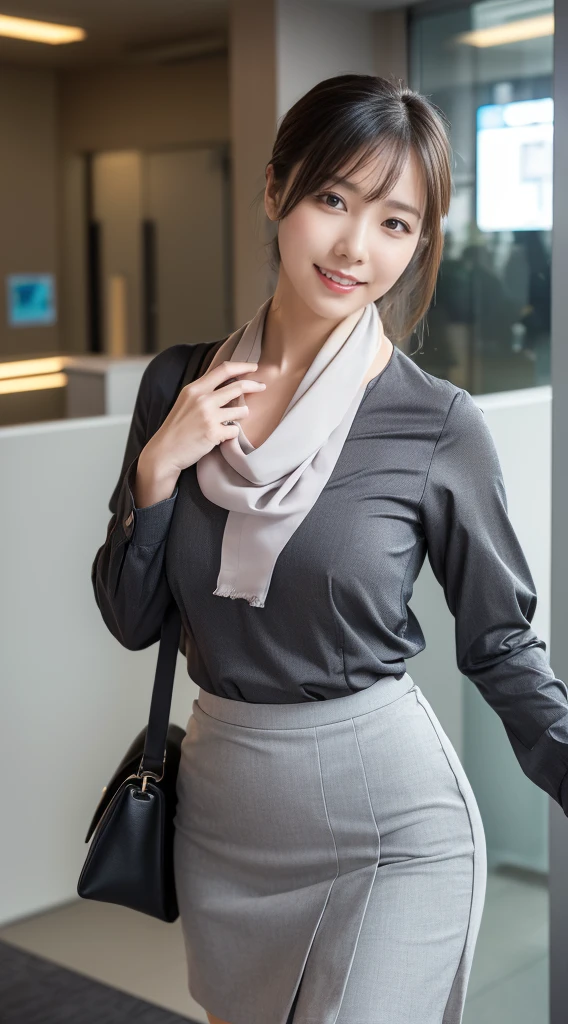  (8K, best quality, masterpiece:1.2), (realistic, photo-realistic:1.37), (high color saturation:1.0),  (highly detailed skin), (highest quality:1.0), (ultra high resolution:1.0) ,(realistic:1.0), (Super detailed:1.0), (8K, Raw photo:1.1)、standing random pose, smiling, natural breast, perfect lighting, 22years old, (mysterious), clear and detailed, ((japaniese_office_uniform, grey tight skirt, sexy_blouse, flight attendant_neck scarf)), (indoor office, escalator), surprised face, looking at back viewer, low angle photo,