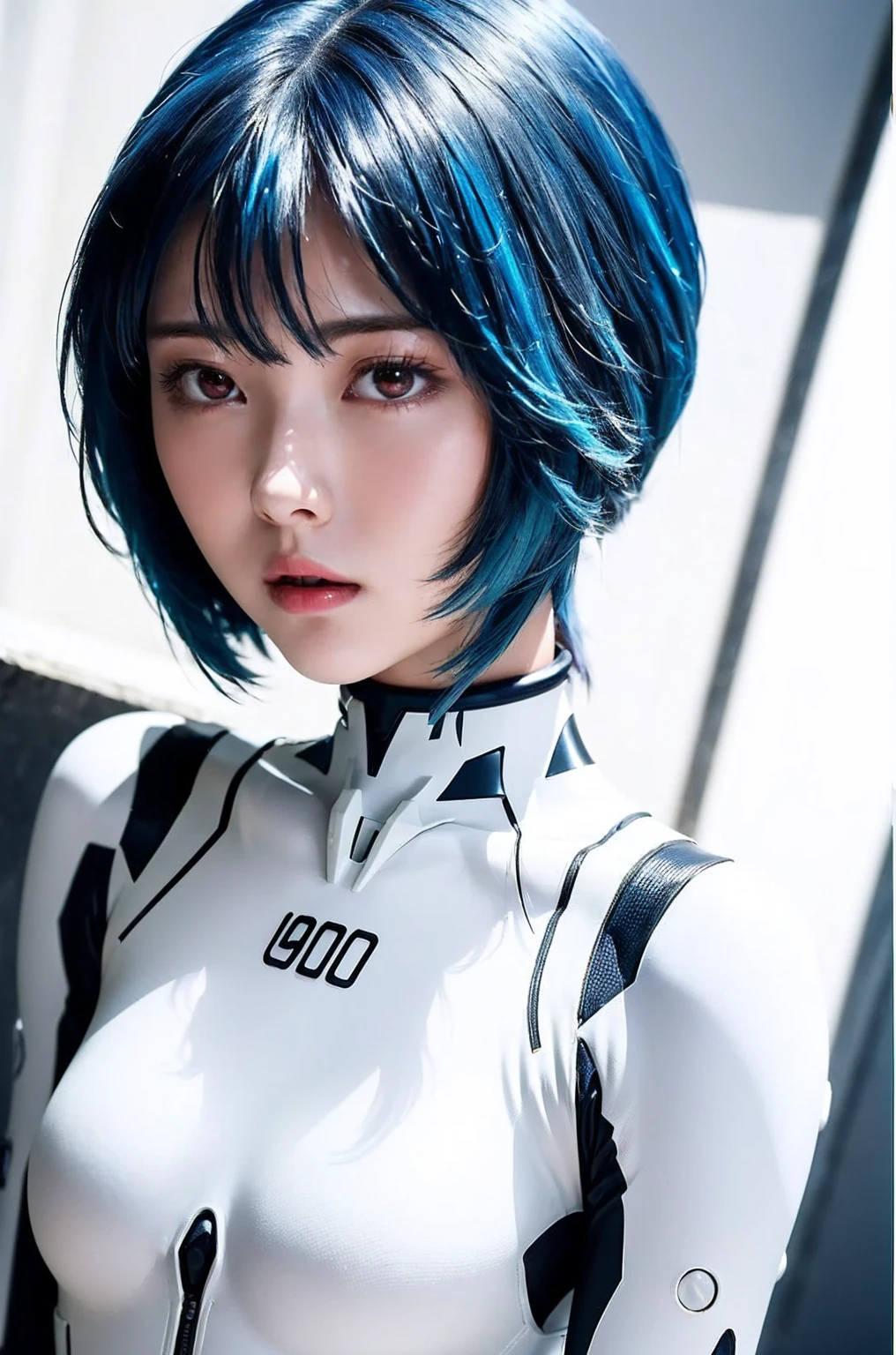 ((One Girl:1.4)),(masterpiece, Highest quality), ayanami,Plug Suit, Bodysuits, Interface Headset, white Bodysuits, Are standing,((Looking into the camera)),Blue Hair、Berry Short、