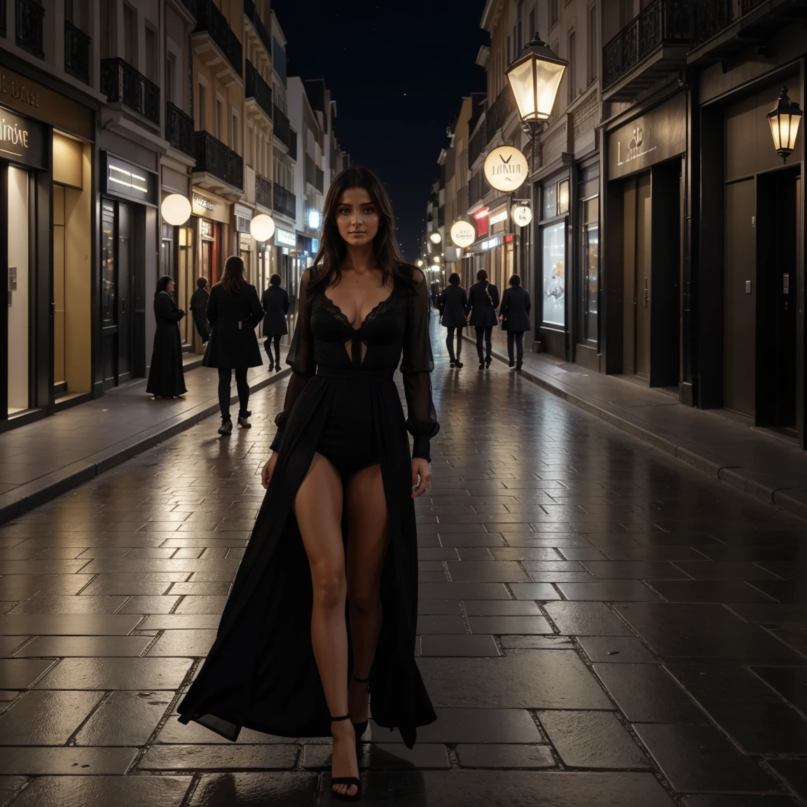 Créez une représentation ultra-réaliste d'une femme élégante dans une rue animée de Dubaï. Ses cheveux châtains sont coiffés avec sophistication, ses yeux bleus captent la lumière des lumières de la ville alors qu'elle se promène avec assurance.

Elle porte une robe noire moulante qui épouse parfaitement sa silhouette athlétique et ses courbes généreuses. La robe met en valeur ses formes avec élégance, tout en soulignant sa posture gracieuse et sa confiance naturelle.

Autour d'elle, les gratte-ciel illuminés et les lumières scintillantes de Dubaï créent un décor urbain dynamique et luxueux. Les reflets des enseignes lumineuses sur le verre des bâtiments ajoutent une ambiance moderne et cosmopolite à la scène.

Chaque détail de l'environnement, des textures de la robe noire aux nuances des lumières urbaines, est capturé avec une grande précision pour créer une image immersive et réaliste. L'œuvre doit transmettre une impression de sophistication et de charme dans l'une des villes les plus emblématiques du monde.