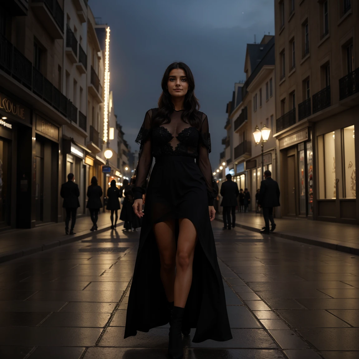 Créez une représentation ultra-réaliste d'une femme élégante dans une rue animée de Dubaï. Ses cheveux châtains sont coiffés avec sophistication, ses yeux bleus captent la lumière des lumières de la ville alors qu'elle se promène avec assurance.

Elle porte une robe noire moulante qui épouse parfaitement sa silhouette athlétique et ses courbes généreuses. La robe met en valeur ses formes avec élégance, tout en soulignant sa posture gracieuse et sa confiance naturelle.

Autour d'elle, les gratte-ciel illuminés et les lumières scintillantes de Dubaï créent un décor urbain dynamique et luxueux. Les reflets des enseignes lumineuses sur le verre des bâtiments ajoutent une ambiance moderne et cosmopolite à la scène.

Chaque détail de l'environnement, des textures de la robe noire aux nuances des lumières urbaines, est capturé avec une grande précision pour créer une image immersive et réaliste. L'œuvre doit transmettre une impression de sophistication et de charme dans l'une des villes les plus emblématiques du monde.