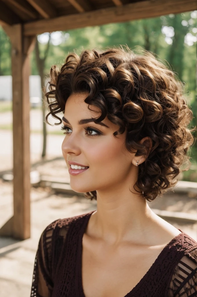 Women short curly hair buck teeth brunette