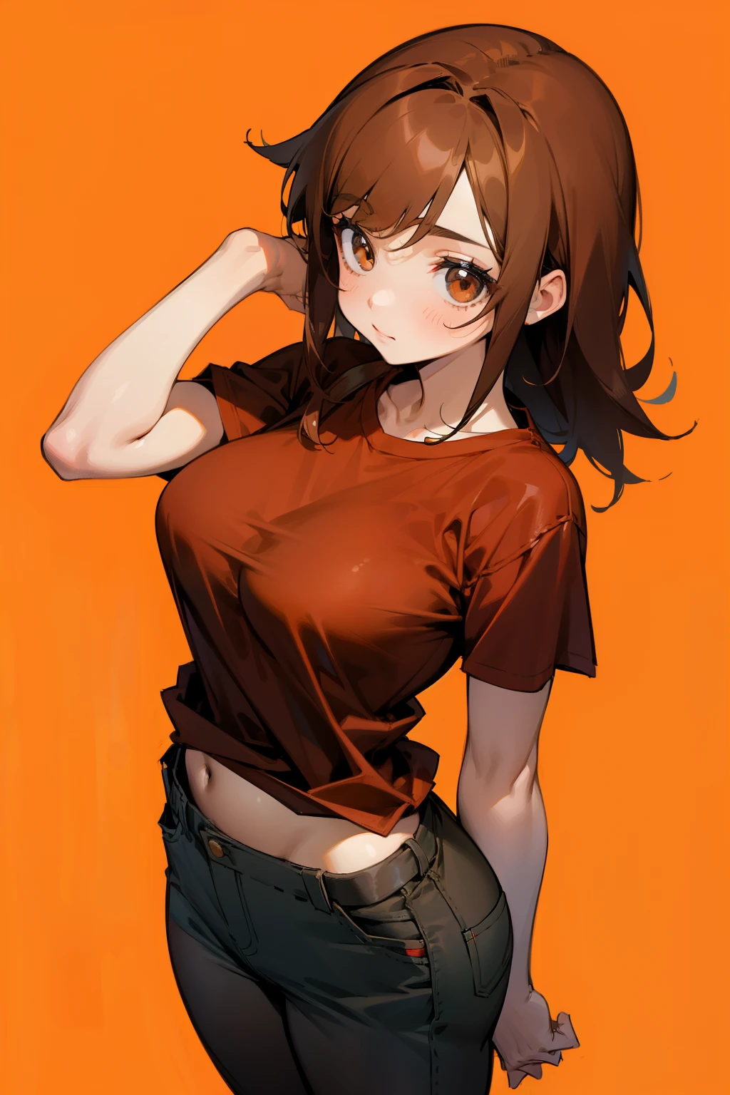 Cute girl, brown hair, brown eyes, baggy red T-shirt, big breasts, panties