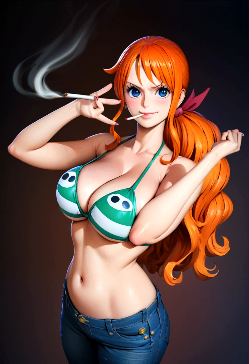 a cartoon picture of a woman in a bikini top and jeans, nami one piece, nami from one piece, nami, beautiful portrait of nami, from one piece, oppai, blue eyes, smoking, ponytail