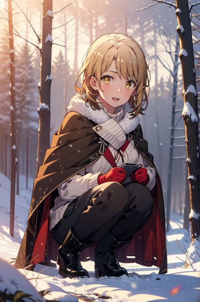 Irohaisshiki, isshiki iroha, short hair, Brown Hair, (Brown eyes:1.5), smile,
Open your mouth,snow, fire, Outdoor, boots, snowing, From the side, wood, suitcase, Cape, Blurred, Eat food, forest, gloves, nature, Brown eyes, red gloves, Squat, Mouth closed, フードed Cape, winter, Written boundary depth, Black shoes, red Cape break looking at viewer, Upper Body, whole body, break Outdoor, forest, nature, break (masterpiece:1.2), Highest quality, High resolution, unity 8k wallpaper, (shape:0.8), (Beautiful and beautiful eyes:1.6), Highly detailed face, Perfect lighting, Extremely detailed CG, (Perfect hands, Perfect Anatomy),