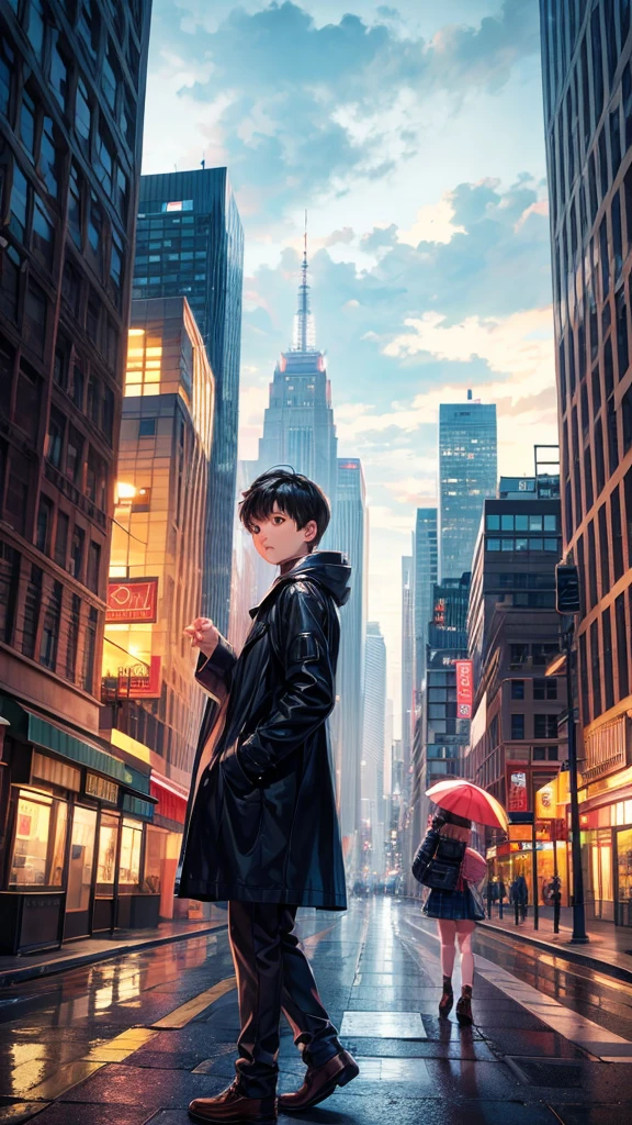 Cloudy weather and city , a boy holding hand with a girl