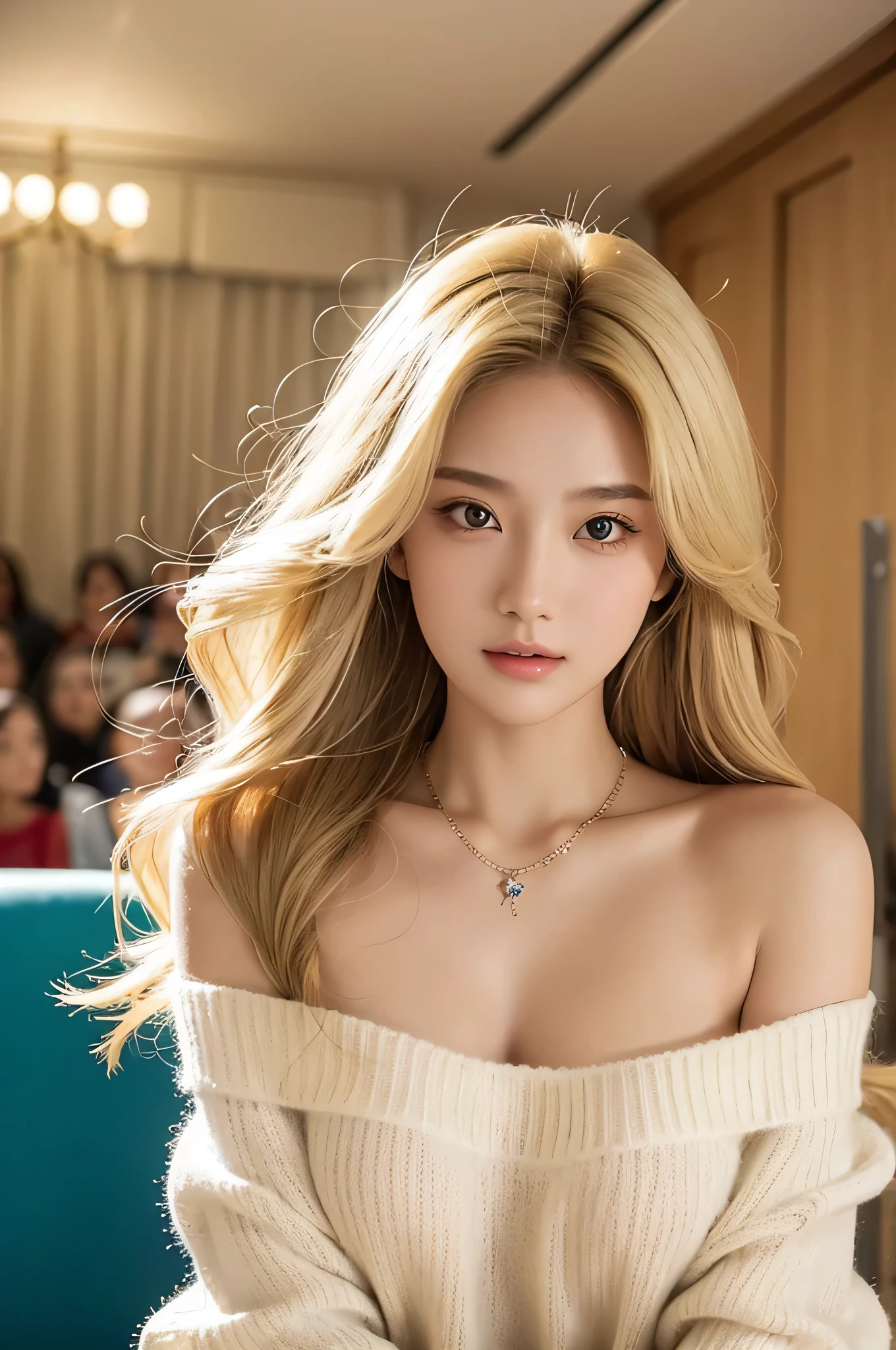 1 Girl, Age 19, Solitary, Long hair, huge,Huge breasts , Looking at the audience, Blonde hair, Bare shoulders, Brown eyes, Jewel-like, whole body, A necklace, Off-shoulder, Cyan sweater, Practical, Sexy,Well-developed breasts
