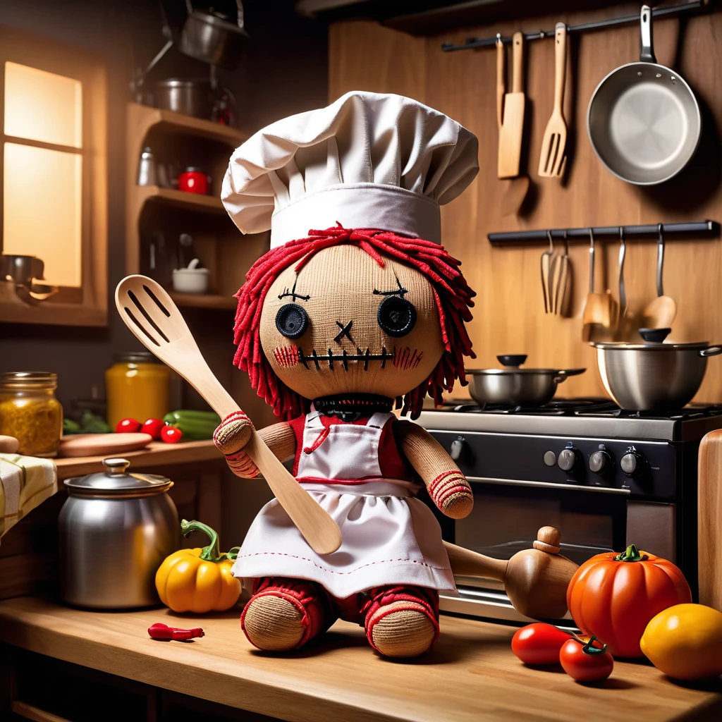 (knitted toy voodoo doll:1.7), (Voodoo in the Kitchen:1.3), (Clothing: apron with kitchen utensils design, casual wear underneath:1.0), (Accessories: wooden spoon, mixing bowl, chef hat:1.2), (background: home kitchen with stove, fridge, and countertops filled with ingredients and cooking tools:1.2),  best quality, masterpiece, detailed soft oil painting, detailed background, dramatic cinematic lighting, soft edge lighting, professional, dramatic lighting, hard edge lighting, ultra quality, 4k,masterpiece, best quality, 8k, ultra highres, highres, extremely detailed