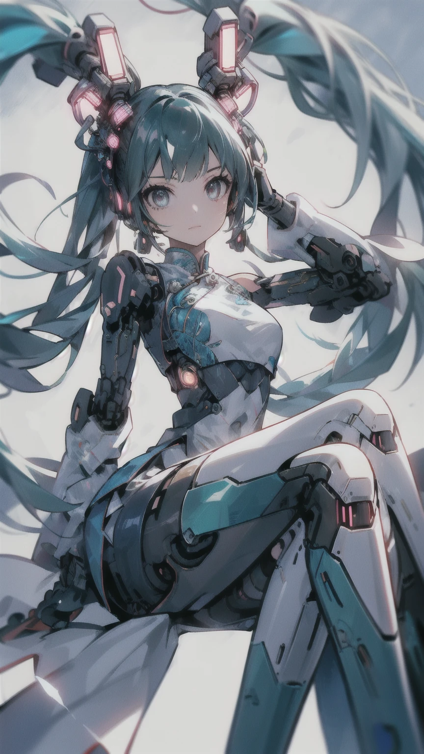 Hatsune Miku VOCALOID, 1 Girl, Chinese_Clothes, Sitting, White and pink,Cyber Hanfu, China dress, cyber punk city, Dynamic pose, Head ornament, hair ornaments, Long Hair, cyber punk, High-tech city, Full of machinery and futuristic elements, Futurism, technology