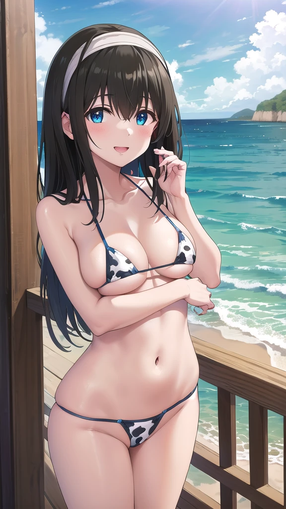 (masterpiece, 4K, Highest quality, anime style: 1.9, Detailed face, Lovely, Ocean,bold, High resolution, anime, Lake 4. alone, Curvaceous, smile, Please open your mouth wide, Very slim belly, Cowboy Shot, Cow print micro bikini,1 Girl, Sagisawa Fumika Sagisawa Fumika.Black Hair,hair band