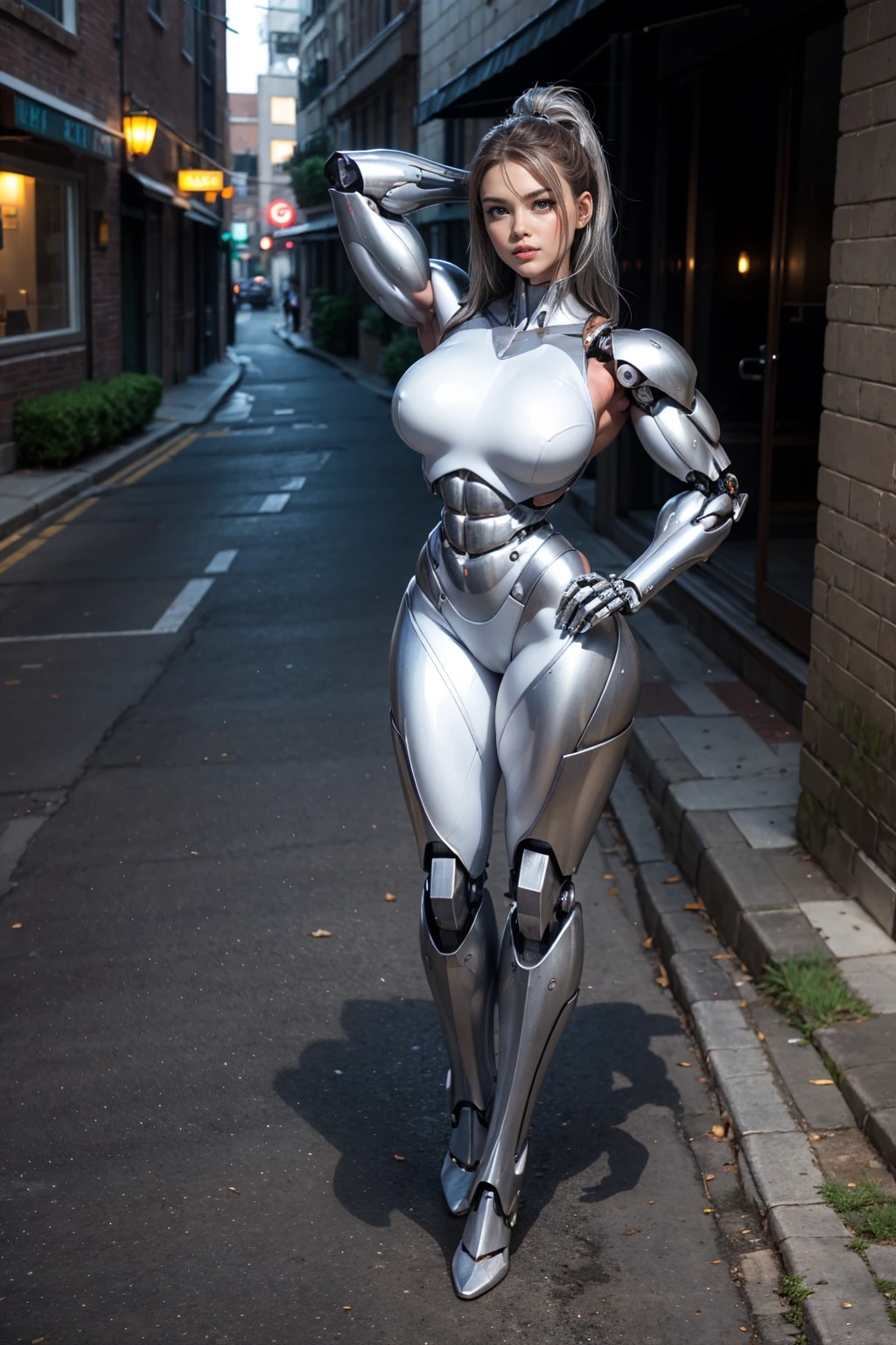 (Muscular:1.8), (thick thighs:1), (large round breasts:1), (large muscular chest and shoulders:1.4), FEMALE, brown hair, long brown hair, (big smile:0), (tight mecha arm, tall cute silver cyborg:1.5), looking at viewer, (three quarter view:1.3), upper body view, (sidewalk:1.5), dark lighting, detailed skin, detailed eyes, (dark skin:1.), (very thin waist:1.3), (huge round muscles:1.5), (one protagonist:1.5), (tall:2.1), (pose:1.6),