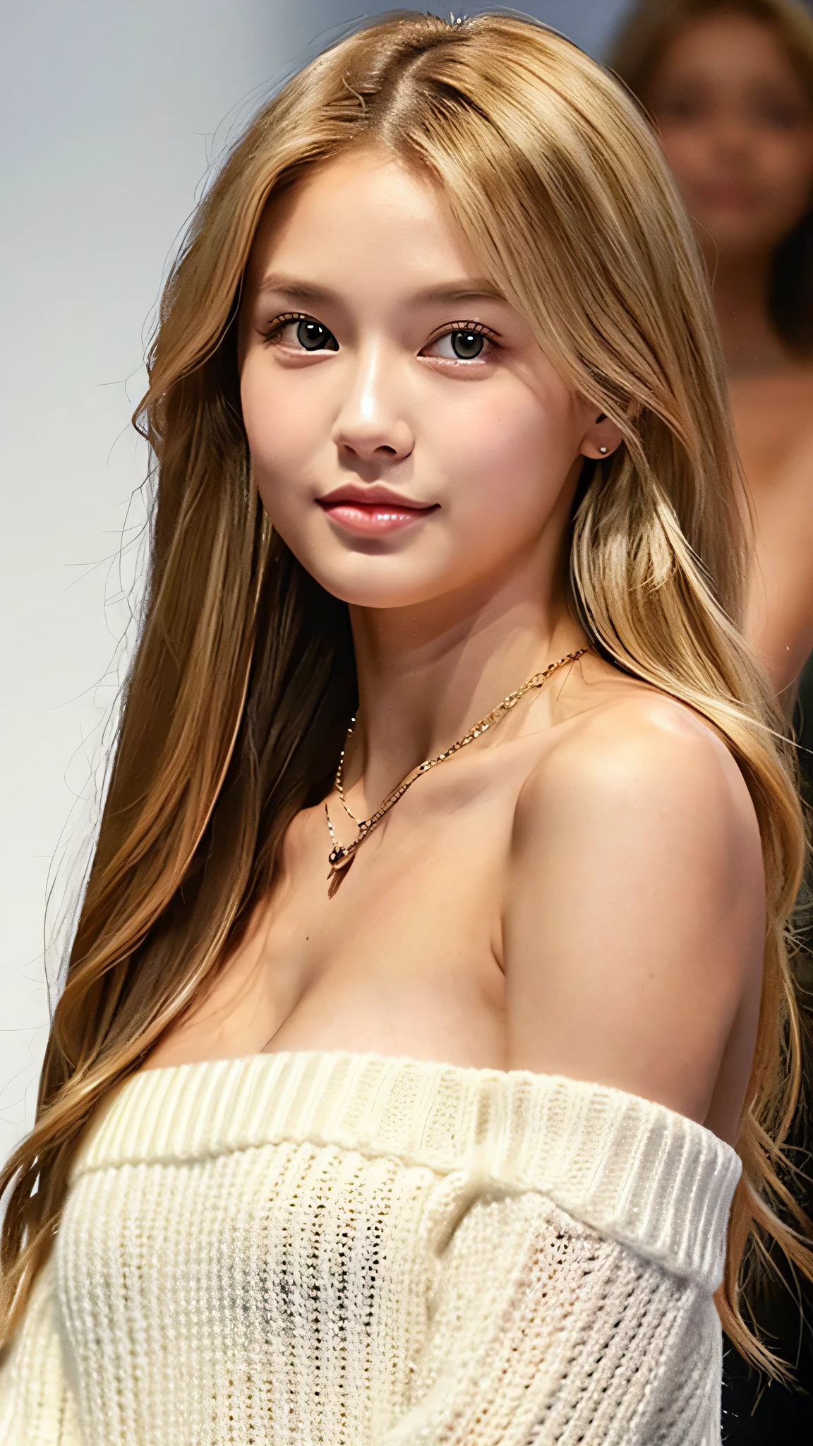 1 Girl,  19, Solitary, Long hair, huge , Looking at the audience, Blonde hair, Bare shoulders, Brown eyes, Jewel-like, whole body, A necklace, Off-shoulder, sweater, Practical, Sexy