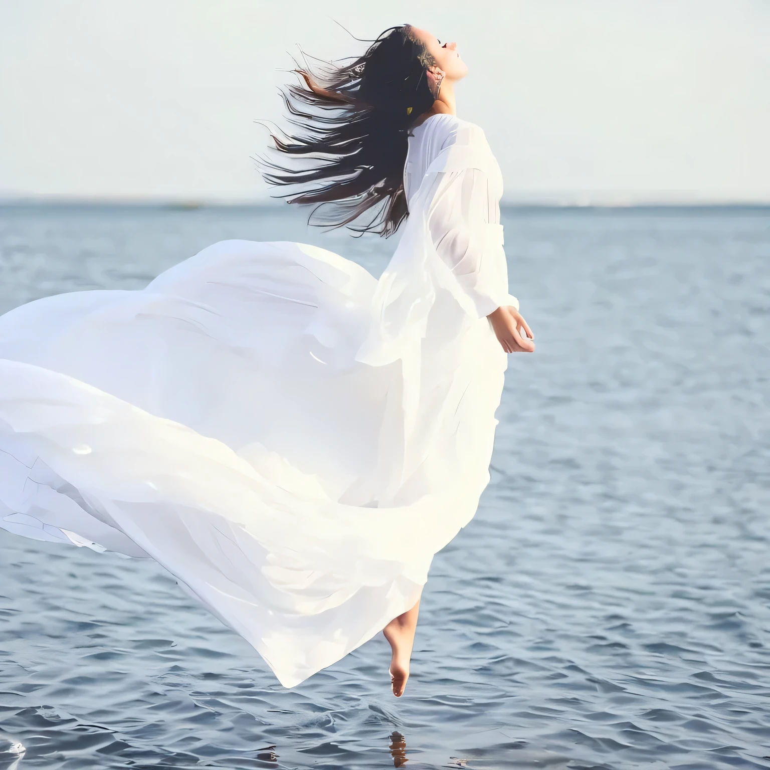 Araffe woman in white dress standing in water with flowing dress, wearing a white flowing dress, white flowing dress, she is floating in the air, flowing white robes, Flowing dress, Wearing a flowing dress, lindo vestido branco longo longo, vestido branco longo, flutuando no ar, cabelo flutuando ao vento, Pose flutuante elegante, Girl in white dress dancing