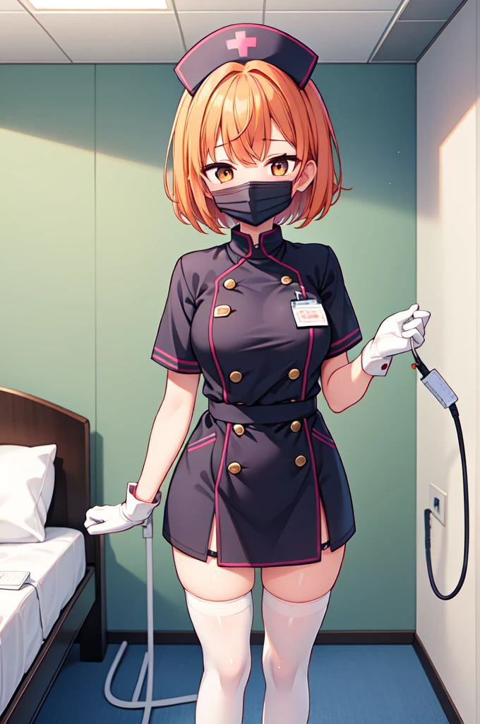 1girl, solo, nurse, nurse cap, white nurse uniform, ((white legwear, zettai ryouiki)), white gloves, very short hair, orange hair, ((white surgical mask, covered nose)), standing, ((hospital room)), sharp outline, short sleeves, tomboy, boyish, best quality, masterpiece