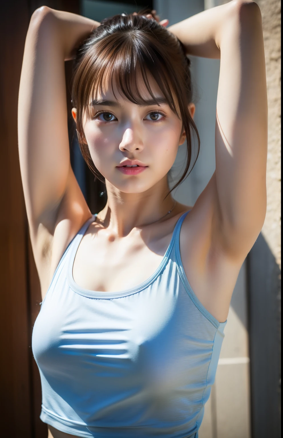 (masterpiece,highest quality:1.4),(8K,RAW photo,photo-realistic:1.2),(shiny skin),fine skin,detailed face,fine eyes,1 girl,Upper body,japanese idol,very beautiful face,Girl Running,Wearing sportswear ,outdoor