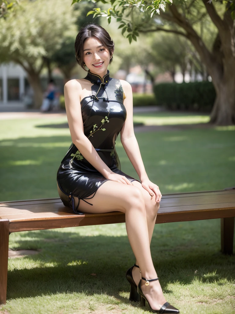 最high quality, 8K, Masseter area, Energetic, Clear focus, high quality, high resolution, Delicate face, Fine particles, thick lips, (Looking at the audience), Solitary, Beautiful woman, 38 years old, Plum, Black short hair,  (Shoulder cheongsam:1.5), afternoon、In front of the park garden,（Sitting on a bench：1.5）、((Smile:1.5))、((Wearing black high heels))