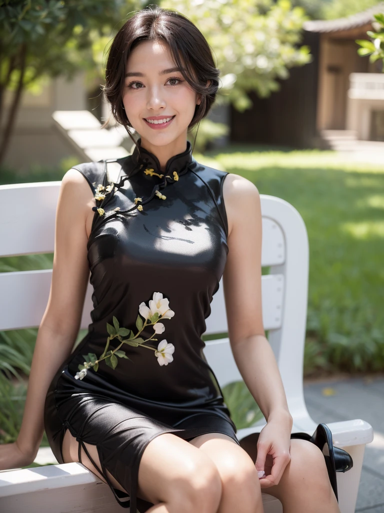 最high quality, 8K, Masseter area, Energetic, Clear focus, high quality, high resolution, Delicate face, Fine particles, thick lips, (Looking at the audience), Solitary, Beautiful woman, 38 years old, Plum, Black short hair, (Shoulder cheongsam:1.5), afternoon、In front of the park garden,(Sitting on a bench:1.5)、((Smile:1.5))、((Wearing black high heels))