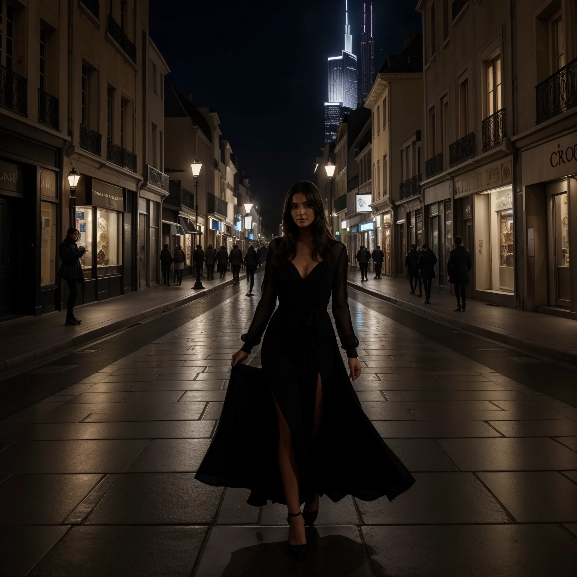 Créez une représentation ultra-réaliste d'une femme élégante dans une rue animée de Dubaï. Ses cheveux châtains sont coiffés avec sophistication, ses yeux bleus captent la lumière des lumières de la ville alors qu'elle se promène avec assurance.
Elle porte une robe noire moulante qui épouse parfaitement sa silhouette athlétique et ses courbes généreuses. La robe met en valeur ses formes avec élégance, tout en soulignant sa posture gracieuse et sa confiance naturelle.
Autour d'elle, les gratte-ciel illuminés et les lumières scintillantes de Dubaï créent un décor urbain dynamique et luxueux. Les reflets des enseignes lumineuses sur le verre des bâtiments ajoutent une ambiance moderne et cosmopolite à la scène.
Chaque détail de l'environnement, des textures de la robe noire aux nuances des lumières urbaines, est capturé avec une grande précision pour créer une image immersive et réaliste. L'œuvre doit transmettre une impression de sophistication et de charme dans l'une des villes les plus emblématiques du monde.