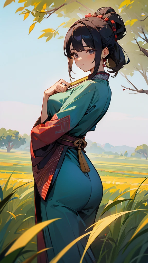 Beautiful and gentle woman working in the fields,Look back instantly,Ancient Chinese Peasant Clothing
