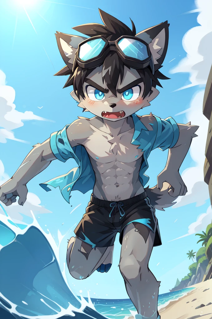 Furry shota, wolf, black hair, long spiky ponytail, blue eyes, detailed body fur, ((goggles, blue hawaiian shirt, open clothes, one shoulder off, black swim trunks)), looking at another, fangs, clear grey body fur, detailed face, big eyebrows, detailed eyes, detailed body, detailed body fur, detailed hands, glistering body, shiny body, skinny, injured, dirty, torn clothes, solo, beach, angry, score_9,score_8_up,score_7_up, source_cartoon, source_furry, running towards viewer, angry expression, glowing blue eyes, from above, dynamic action shot, speed lines, motion blur, Birds Eye view, fight, ice magic,