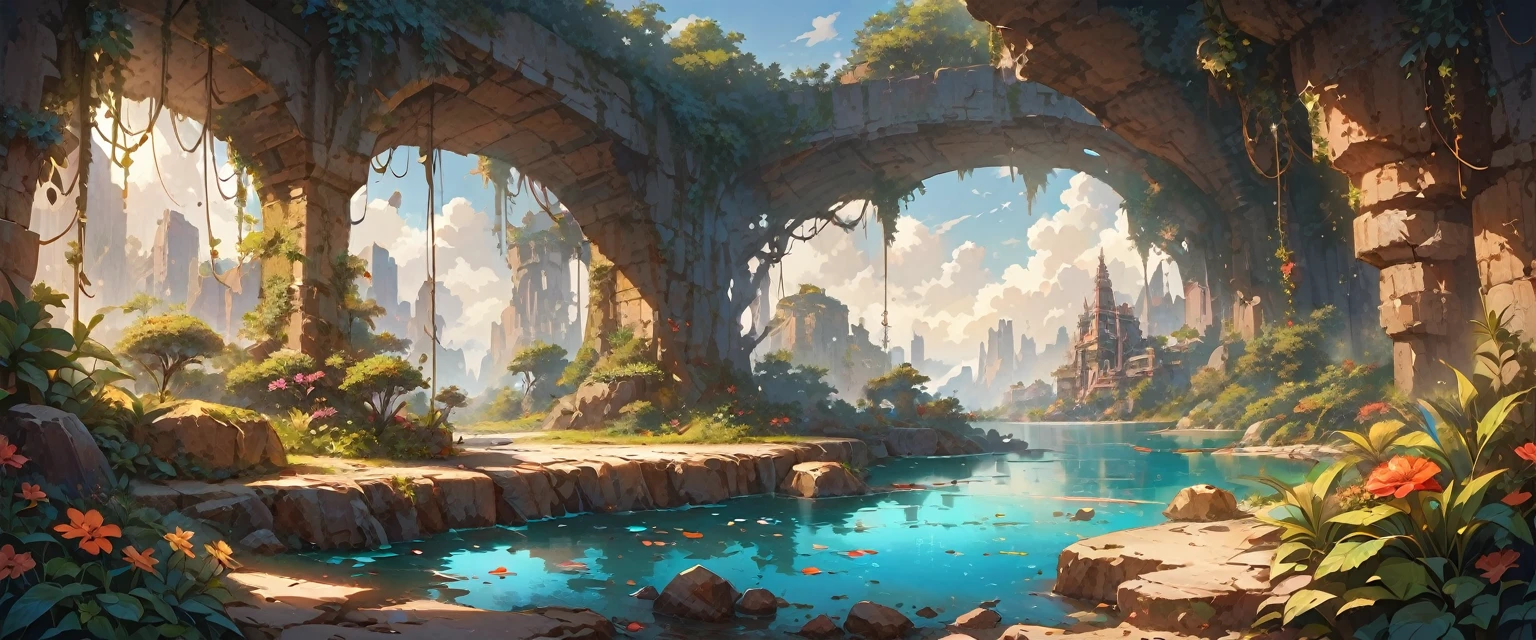 Create otherworldly landscape images, Exotic plants and animals thrive in unfamiliar environments. The sky should be deep, Bright colors unlike those seen on Earth, Multiple satellites or objects are visible. TerrainRugged,Rugged, Glowing crystals stick out from the ground. exception, Bioluminescent plants should be scattered around, Cast a strange light. in the distance, Tall spiers or structures of unknown origin should be looming, hints at a civilization beyond our understanding. A world that exceeds our expectations and inspires the imagination.