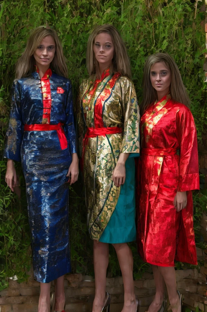 best quality, masterpiece, highres,3girls,Beautiful face,full body,chinese clothes,white Taoist robes,right hand hold sword with (Gorgeous ornamentation),peach trees,