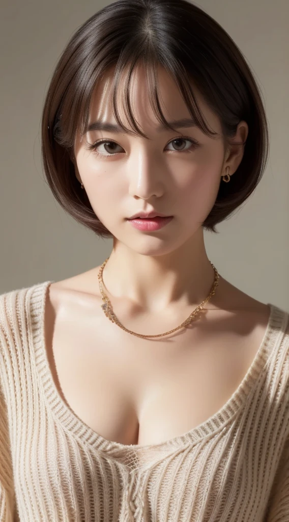 (highest quality, 8K, 32k, masterpiece, UHD:1.2),Beautiful Japanese woman photo, big breasts, very short bob hair,Upper body,face focus,Extra large_sweater, necklace, simple background, From above, looking at the viewer,