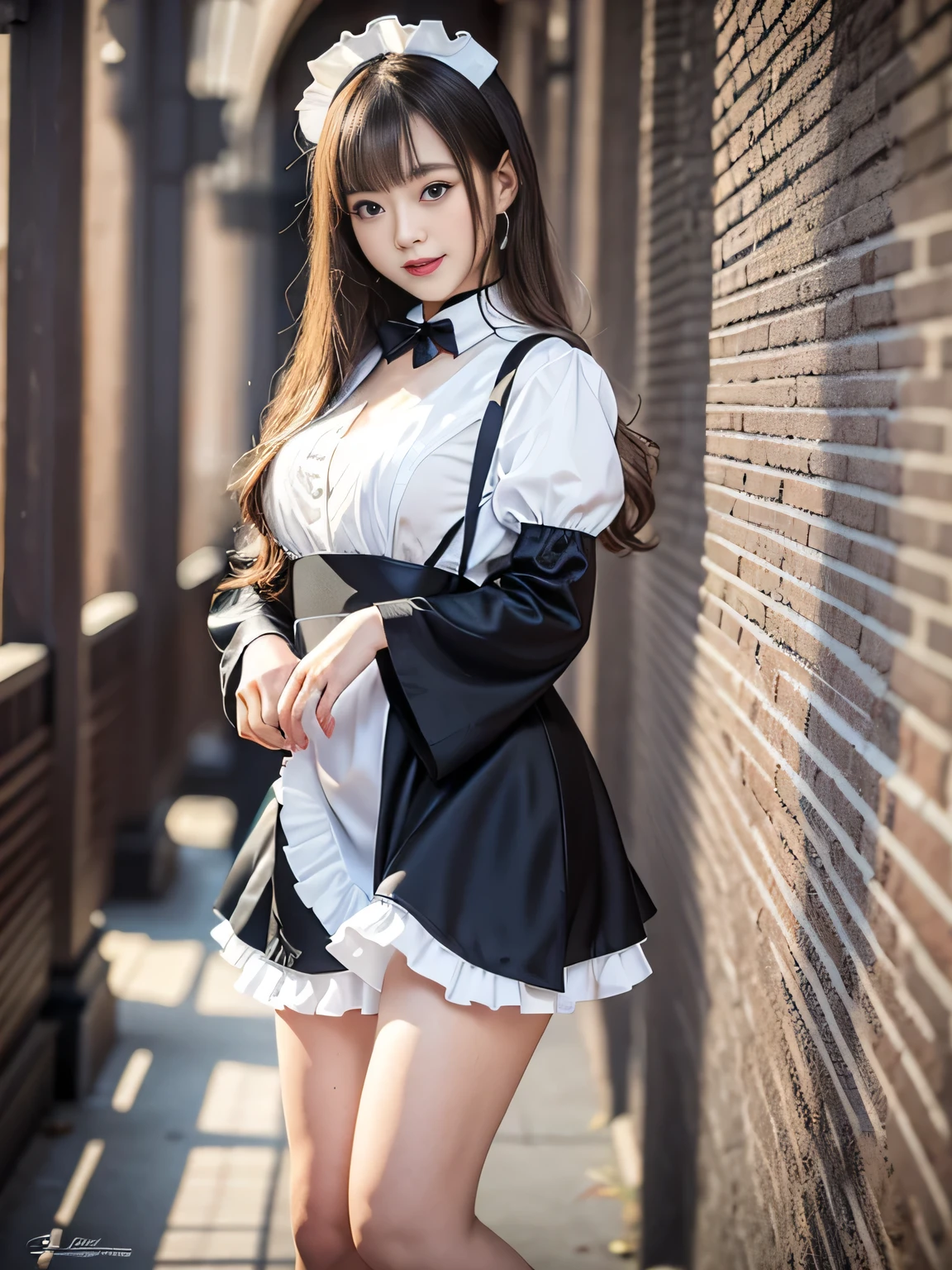 masterpiece、One girl per photo、Full Body Shot、Front view、Young and beautiful woman in Japan、Wearing a cute short-sleeved satin silver black maid outfit、With a big smile、White ruffled headband、White frilly apron、Black Choker、Charming person、Very cute face、Glossy Lips、Body covered in sweat、Double eyelids on both eyes、 Natural Makeup、Long eyelashes、Long Bob Hair、Shiny and smooth light brown hair、Asymmetrical bangs、Sunburned skin、Center image、8K resolution、Advanced Details、Detailed hairstyle、Detailed face、Great cinema lighting、Octane Rendering、Vibrant、Ultra-realistic、Perfect limbs、Perfect Anatomy、Huge