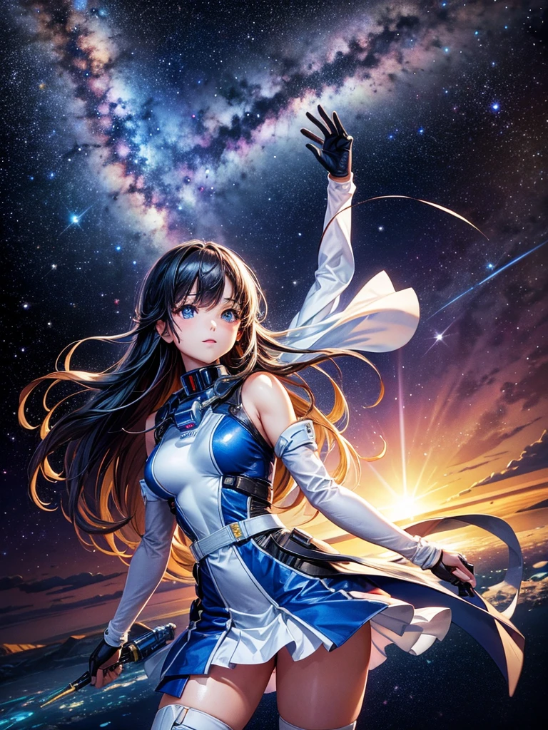 Highest quality,Highest Resolution,A beautiful girl from the future in space,Earth in the background,Milky Way,