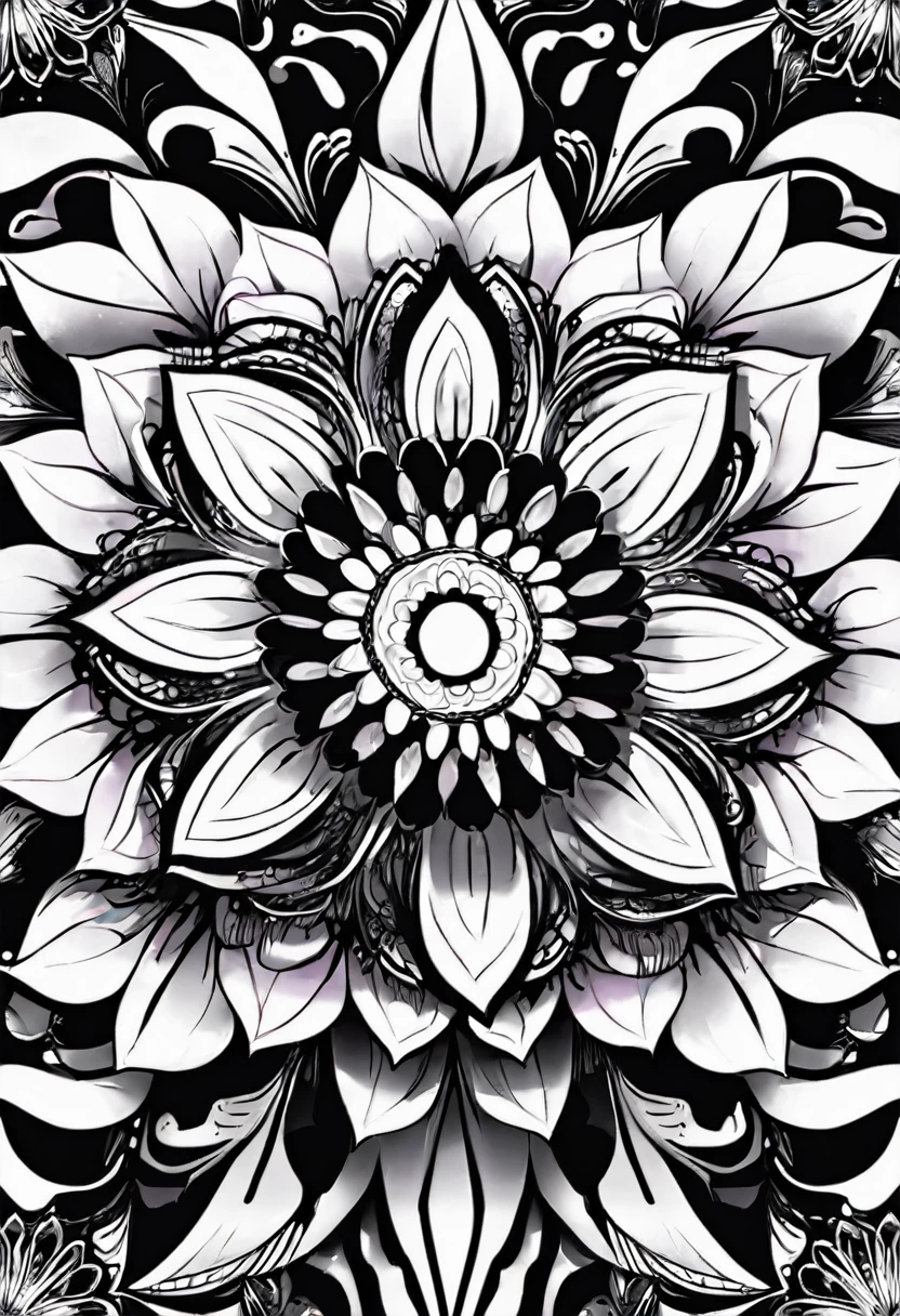 a white and black flower with a black background, white and black mandala, mandala art, lotus mandala, mandala ornament, super detailed white and black art, mandalas, rainbow gradient bloom, colorful intricate masterpiece, detailed art in white and black, intricate white and black masterpiece, mandalas, super detailed white and black art, psychedelic art style, ornate flower design, vibrant high contrast white and black, white and black vector art