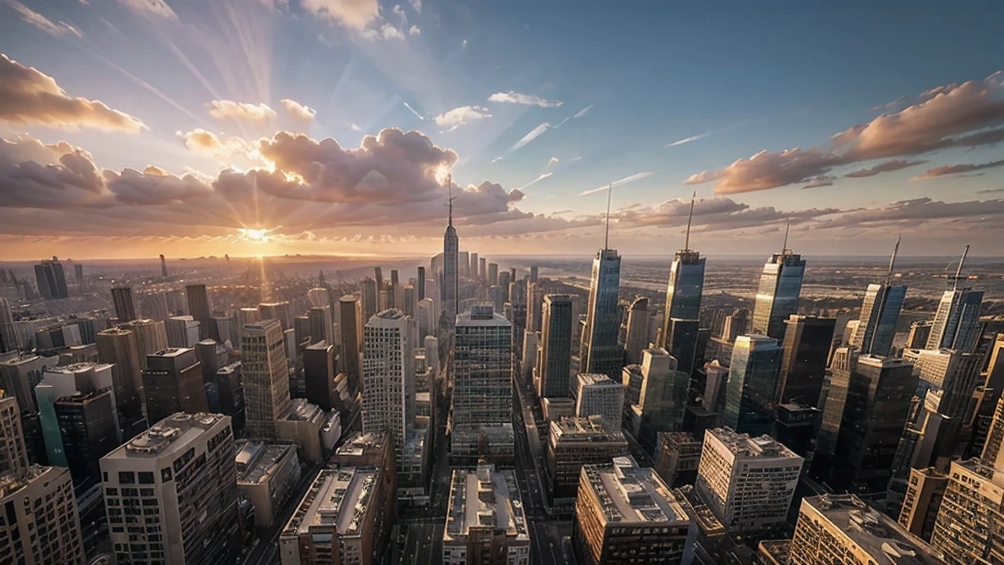 Ultra realistic, sunset, wide view, A city, lots of tall buildings, sunset rays passing through the gaps between the buildings, real images, photo realistic, very detailed images,