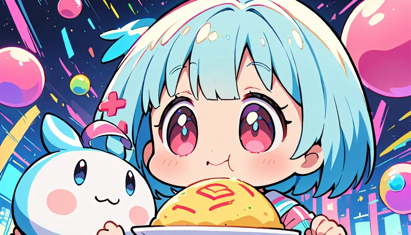 1 female, Light blue hair, short hair、Happy,cute, animation style, kawaii, clearly, colorful cyberpunk, bubblegum pop, cute、Pink and light blue as main colors、eating omelet rice、