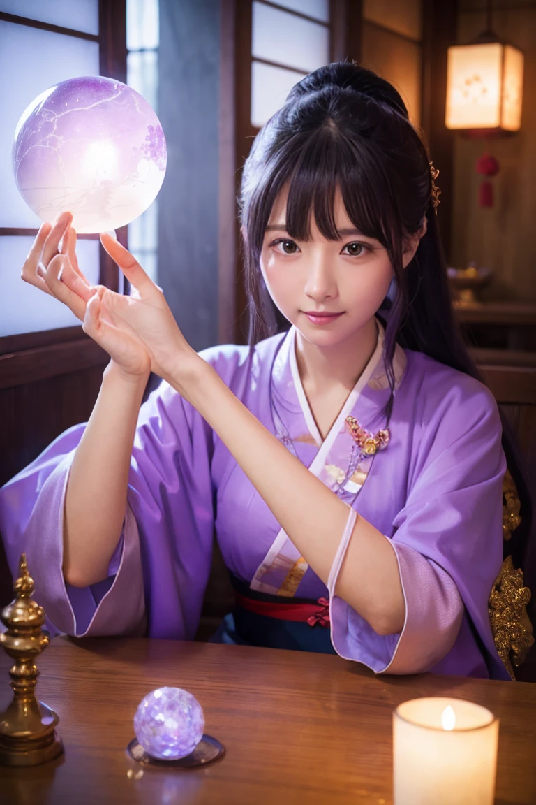 A woman sitting facing forward at a table with a crystal ball, Chinese Fantasy, Japanese Goddess, palace , Girl in Hanfu, Light purple kimono, Fantasy art style, Beautiful Celestial Magician, Anime Style 4k, Japanese Fantasy