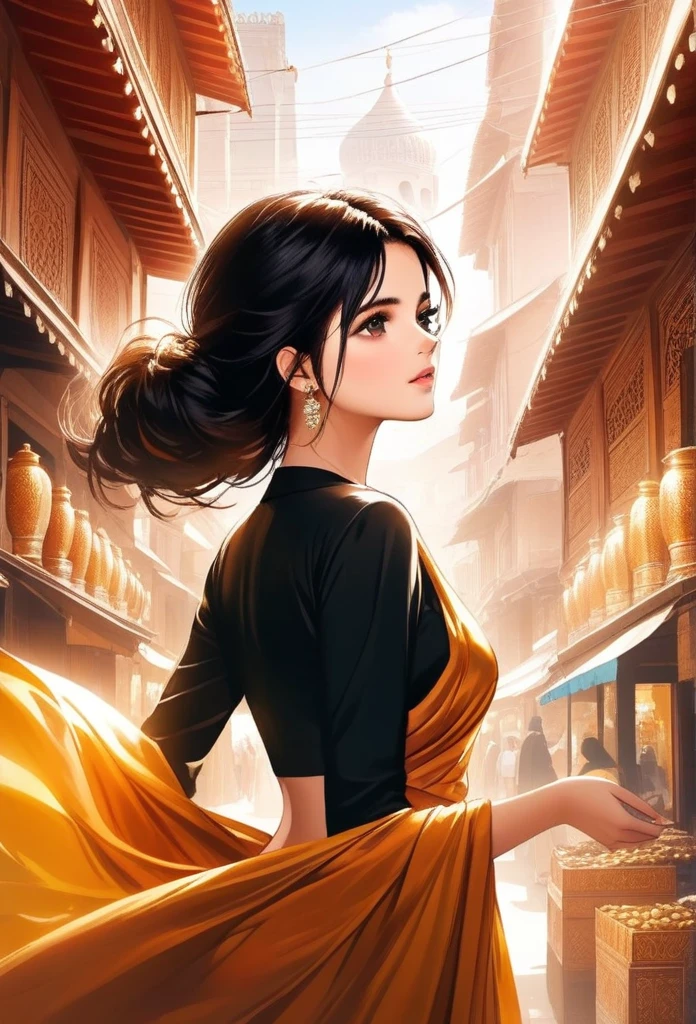 In the bustling streets of a vibrant Indian city, amidst the kaleidoscope of colors and scents, a woman (((Selena Gomez:Emma Watson:0.7))) clad in a vibrant gold saree and a black blouse becomes an ethereal sight that captivates all who lay eyes upon her. Her undeniable beauty transcends time and space, leaving onlookers spellbound.

Describe the scene as the woman, with her graceful presence, glides through a crowded marketplace, where merchants and shoppers pause to admire her radiance. The atmosphere is alive with whispers as her mesmerizing allure evokes a sense of awe and admiration.

Embark on a journey to reveal the woman’s story—her name, her background, her passions—and the reasons behind her choice of attire. Explore her persona, intertwining elements of mystery and allure, as people speculate on the secrets hiding behind her enchanting gaze.

Incorporate the sights, sounds, and emotions that surround this extraordinary woman, as she navigates through the city’s vibrant tapestry. Whether it be the scent of freshly ground spices, the distant sound of temple bells, or the intricate henna designs adorning her hands, immerse the reader in the sensory experience of this captivating moment.

As the story unfolds, her path intertwines with that of a curious photographer who becomes determined to capture her undeniable beauty in a single photograph. Describe their encounters, the photographer’s attempts to understand her story, and the profound impact this woman’s presence has on his own life.