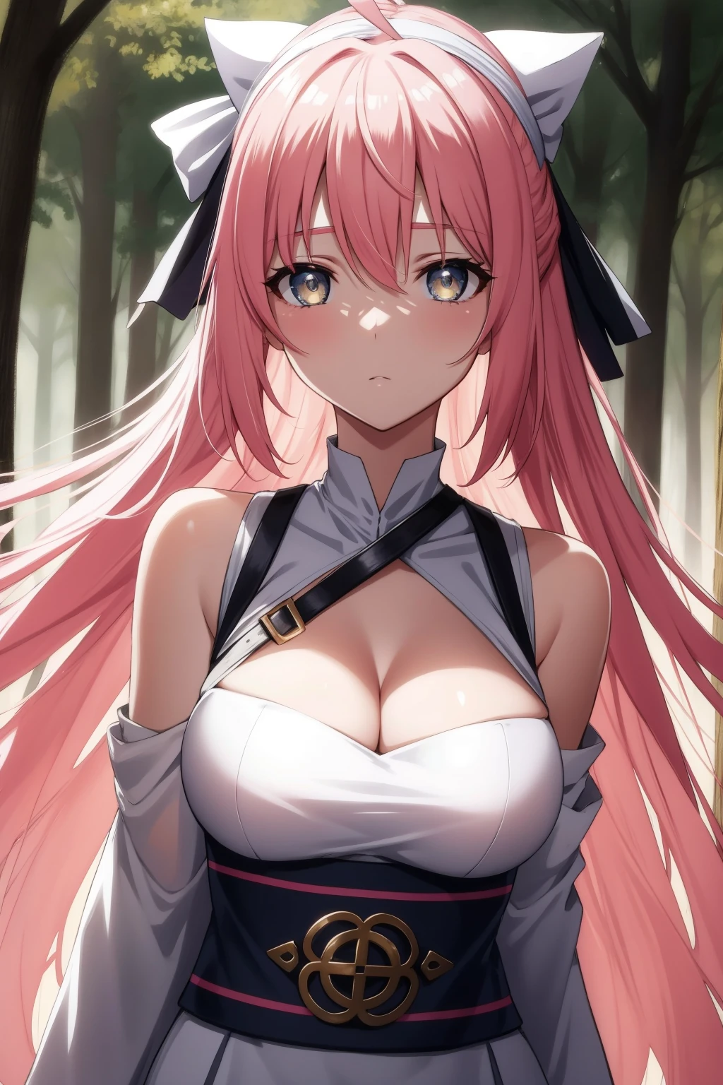 in a forest with fog and trees in the background and a light shining through her
white dress,head piece,bare_shoulders, collarbone,
okita souji, ahoge, pink hair, hair between eyes, (hair bow), (short hair), yellow eyes,
1 girl, 20yo,young female,Beautiful Finger,Beautiful long legs,Beautiful body,Beautiful Nose,Beautiful character design, perfect eyes, perfect face,
looking at viewer, (innocent_big_eyes:1.0),(expressionless:1.3),
NSFW,official art,extremely detailed CG unity 8k wallpaper, perfect lighting,Colorful, Bright_Front_face_Lighting,
(masterpiece:1.0),(best_quality:1.0), ultra high res,4K,ultra-detailed,
photography, 8K, HDR, highres, absurdres:1.2, Kodak portra 400, film grain, blurry background, bokeh:1.2, lens flare, (vibrant_color:1.2)
(Beautiful,large_Breasts:1.4), (beautiful_face:1.5),(narrow_waist),(perfect hands, perfect anatomy),