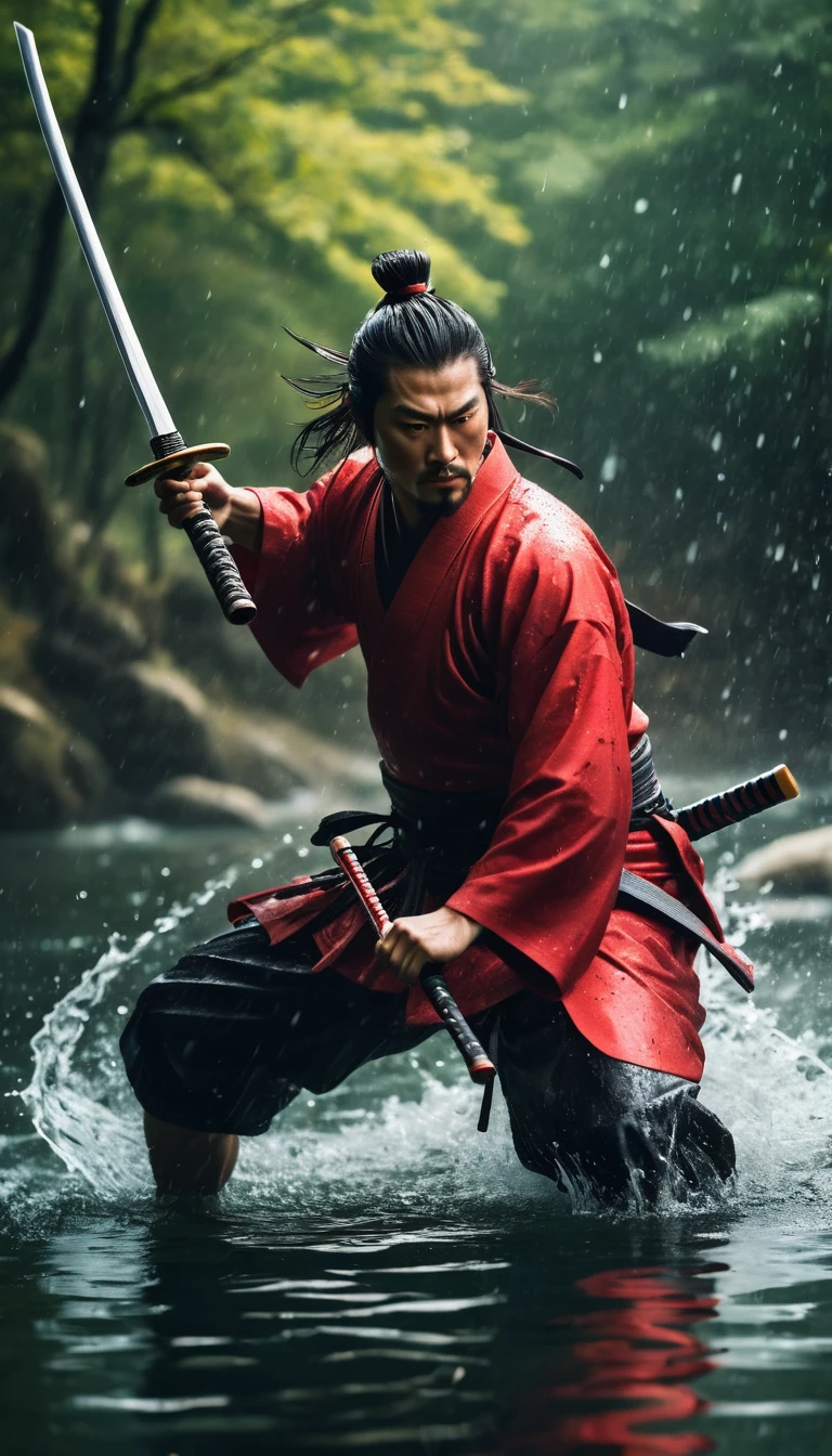best quality,Ultra-fine,warrior samurai in water ,Air,One hand holding a katana,Face mask,fighting,Dodge,avoid,lifelike,photorealism:1.37),bright colors,clear focus,Defocused,(fantasy:1.2),(mystical landscapes),(dynamic poses:1.37),(intense gaze),(Extraordinary power),(the power of myth),black and red,rainy day,Wounds on the body,splash