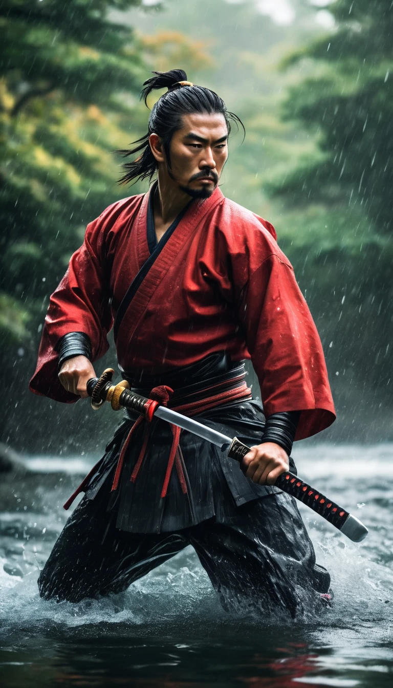 best quality,Ultra-fine,warrior samurai in water ,Air,One hand holding a katana,Face mask,fighting,Dodge,avoid,lifelike,photorealism:1.37),bright colors,clear focus,Defocused,(fantasy:1.2),(mystical landscapes),(dynamic poses:1.37),(intense gaze),(Extraordinary power),(the power of myth),black and red,rainy day,Wounds on the body,splash