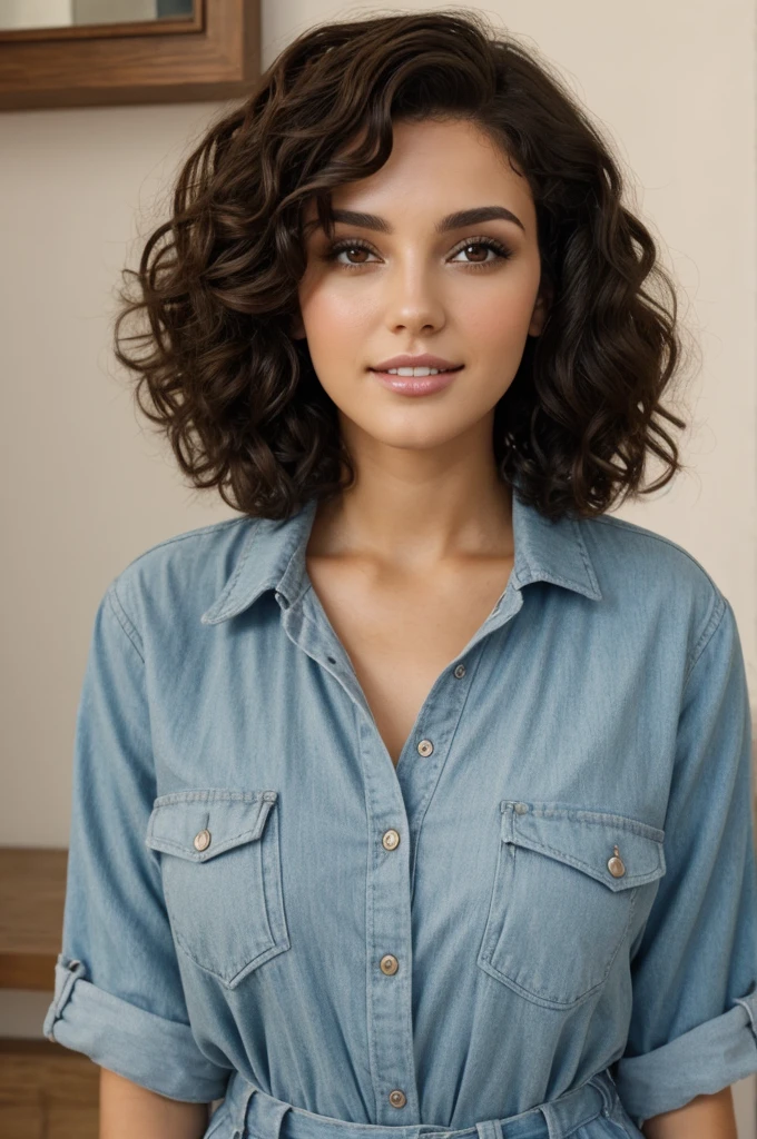 Women short curly hair buck teeth brunette small round eyes 30 years old