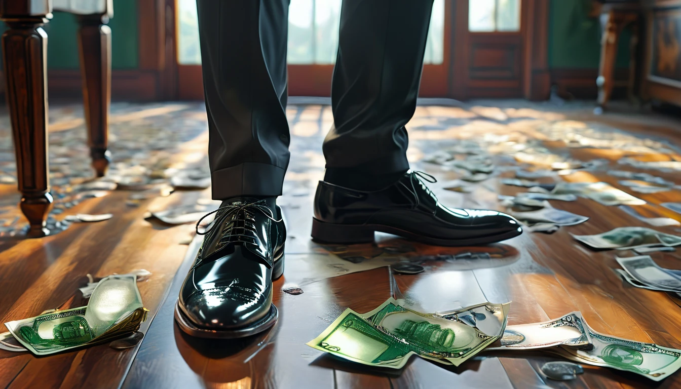A man in a black suit steps on a banknote with his leather shoes, zooms in on his feet, the location is a luxurious room. 4k masterpiece, best quality, (highly detailed CG unity 8k wallpaper), (best quality), (best illustration), (best shadows), ridiculously realistic lighting, (abyss), beautiful glow, art by Peter Mohrbacher.