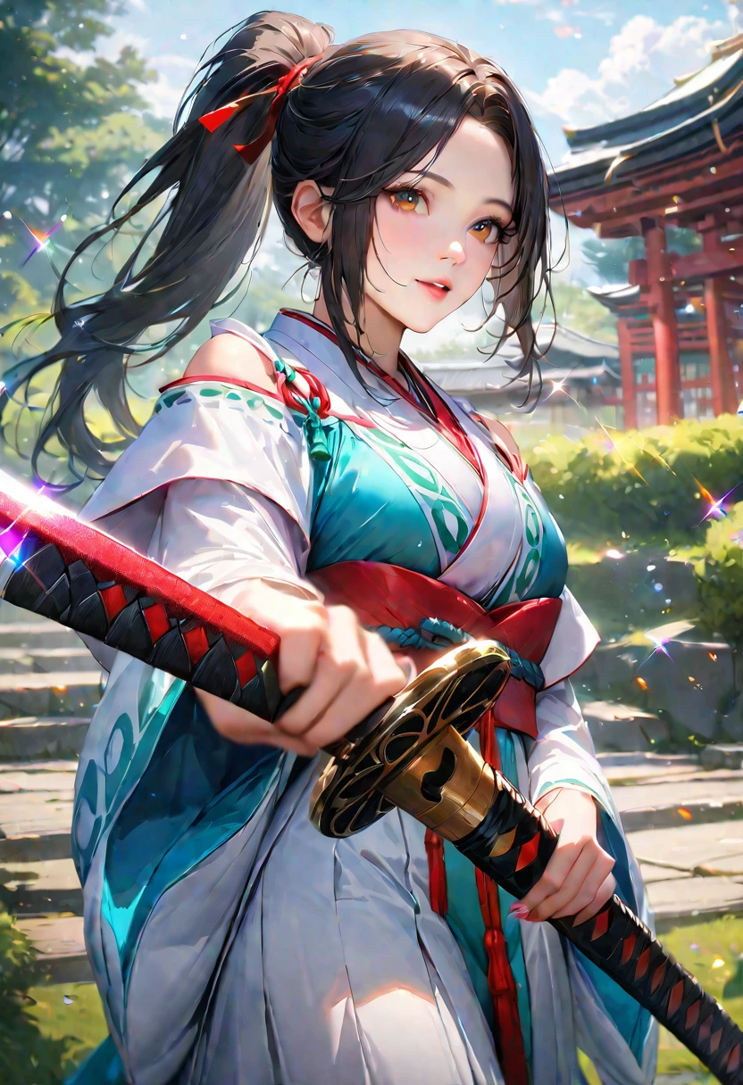Shrine grounds, Clear sky with white clouds, Shrine maiden, Blur the background,young woman,ponytail,Holding a Japanese sword,Glitter effect,Highest quality, 8K, High resolution, masterpiece:1.2, Very detailed, Realistic:1.37, High resolution, 超High resolution, Ultra-fine painting, Very detailed, Professional, Vibrant colors