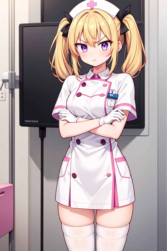 1girl, solo, nurse, nurse cap, white nurse uniform, ((white legwear, zettai ryouiki)), white gloves, twintails, yellow hair, purple eyes, angry, crossed arms, standing, ((hospital room)), sharp outline, short sleeves, best quality, masterpiece