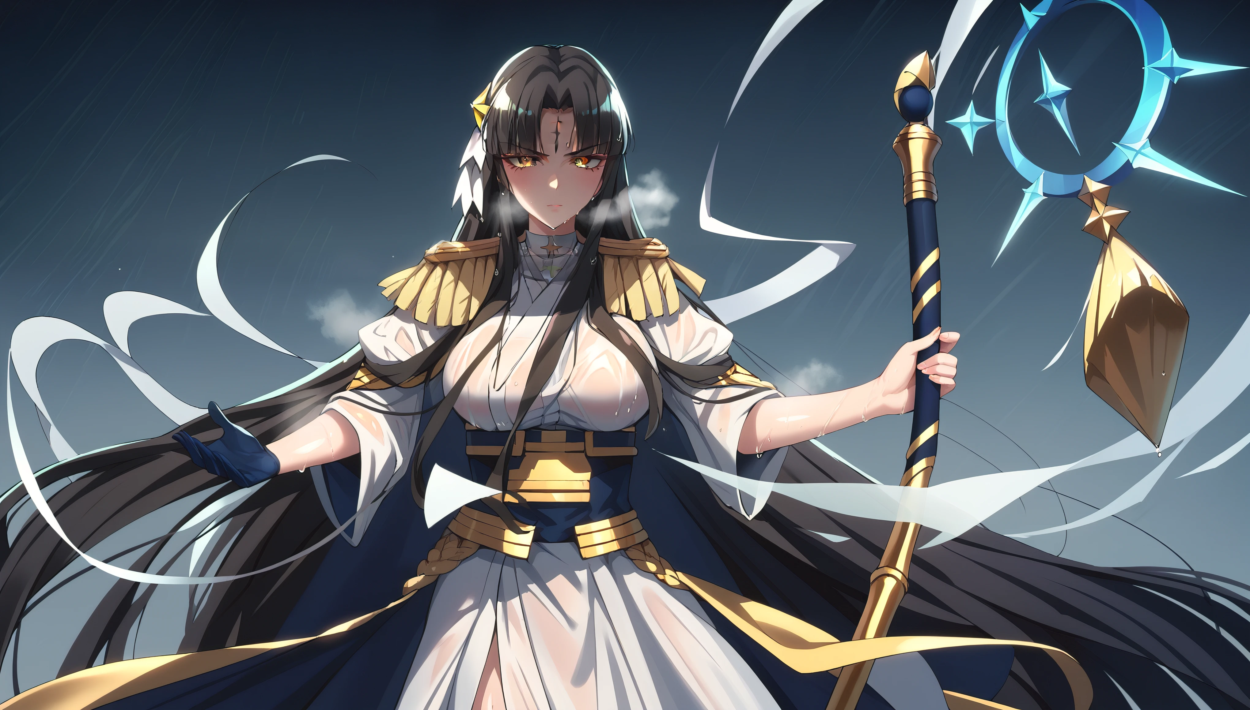 score_9, score_8_up, score_7_up, score_6_up, uncensored, Michiko_Tanaka, absurdly long hair, golden eyes, black hair, hair ornament, very long hair, parted bangs, forehead mark, shiny skin, sweating, wet, wet hair, steaming body, heavy breathing, large breasts, detailed body, detailed eyes, annoyed, glaring eyes, large breasts, BREAK (masterpiece:1.2), best quality, high resolution, unity 8k wallpaper, (illustration:0.8), (beautiful detailed eyes:1.6), extremely detailed face, perfect lighting, extremely detailed CG, (perfect hands, perfect anatomy), hollow eyes, bright pupils, 1girl, breasts, staff, holding, holding_staff,