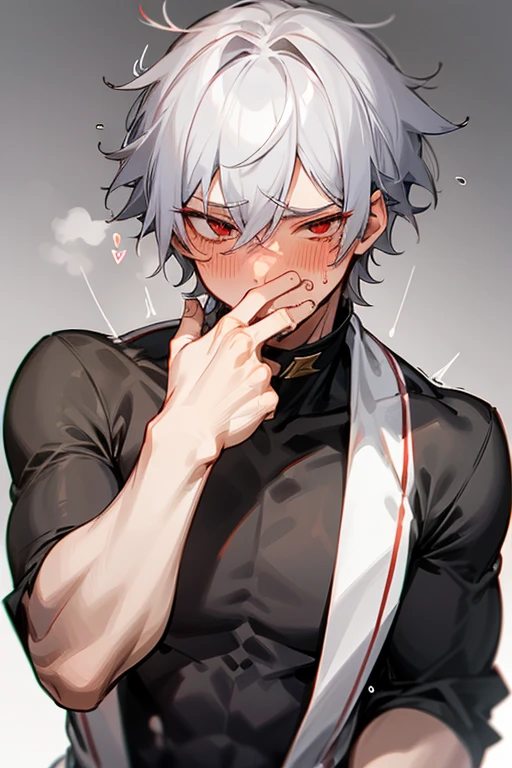 male、Gray Hair、Gray Hair、short hair、Red Eye、冷血なmale、good looking、Cold Face、Well-formed face、Well-built、trembling、Cramp、Embarrassing、Confusion、blush、ticklish
