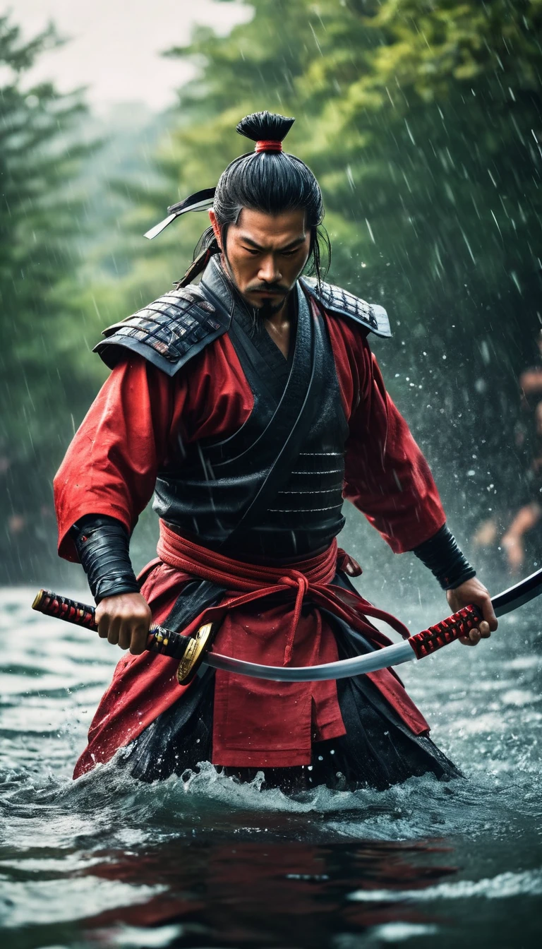 best quality，Ultra-fine，warrior samurai in water ，Air，One hand holding a katana，Face mask，fighting，Dodge，avoid，lifelike，photorealism：1.37），bright colors，clear focus，Defocused，（fantasy：1.2），（mystical landscapes），（dynamic poses：1.37），（intense gaze），（Extraordinary power），（the power of myth），black and red，rainy day，Wounds on the body，splash
